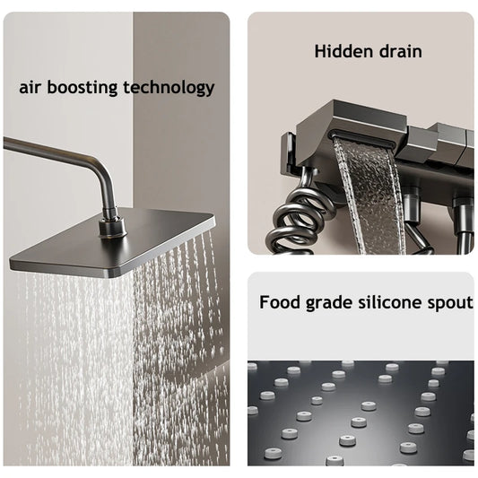 Luxury Gray Digital Shower System – Full Bathroom Set with Ambient Light, Piano Button Controls & Display
